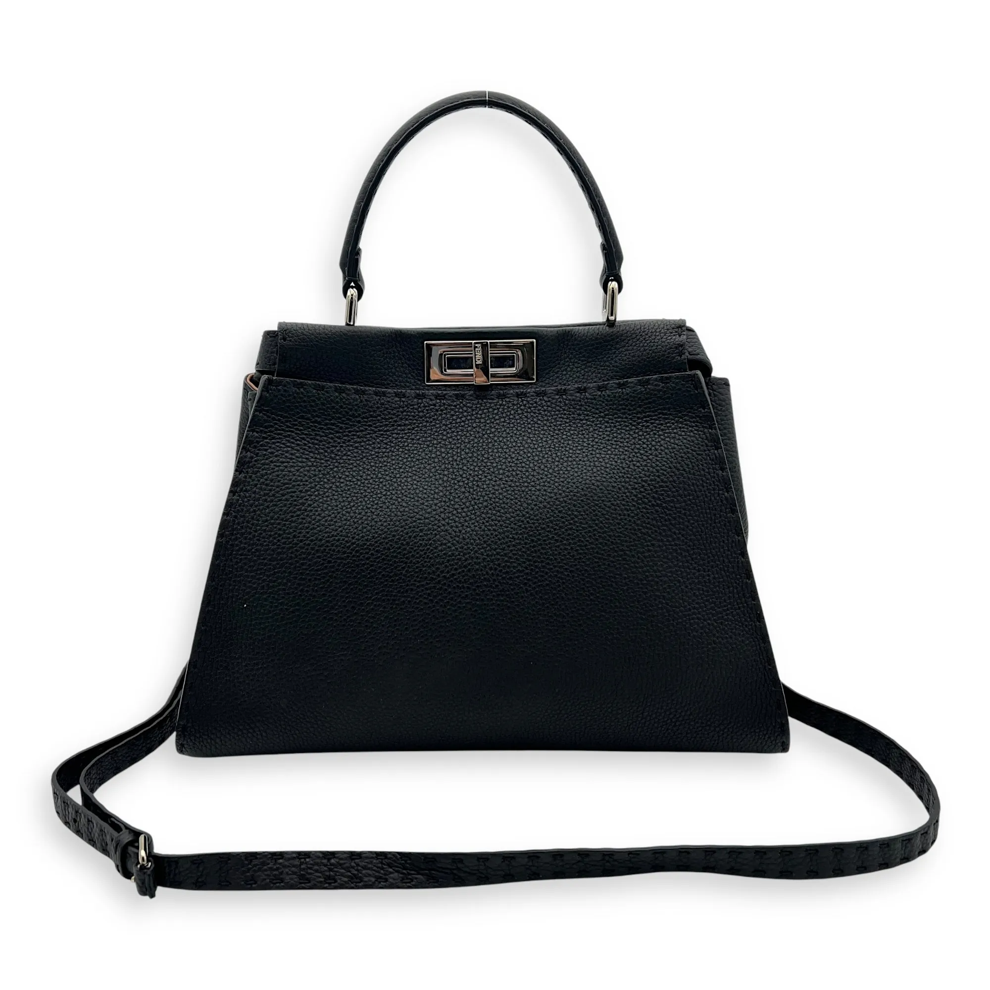 Peekaboo Medium Black Top Handle Bag in Calfskin, Silver hardware