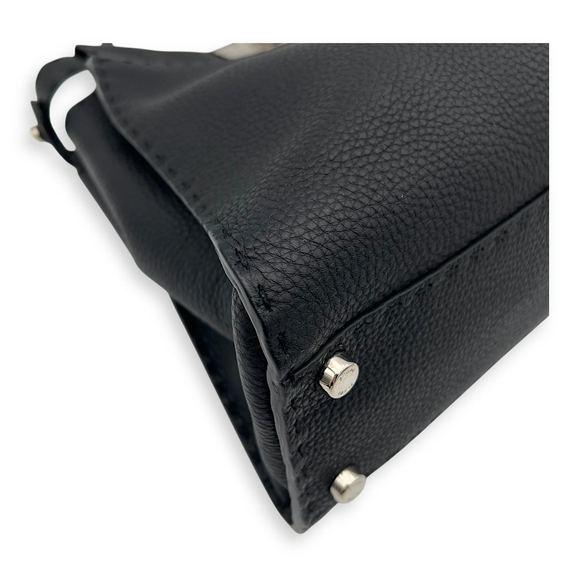 Peekaboo Medium Black Top Handle Bag in Calfskin, Silver hardware
