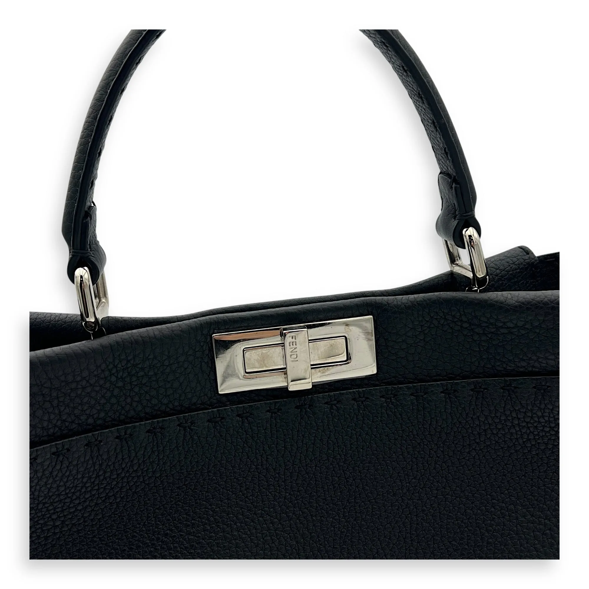 Peekaboo Medium Black Top Handle Bag in Calfskin, Silver hardware