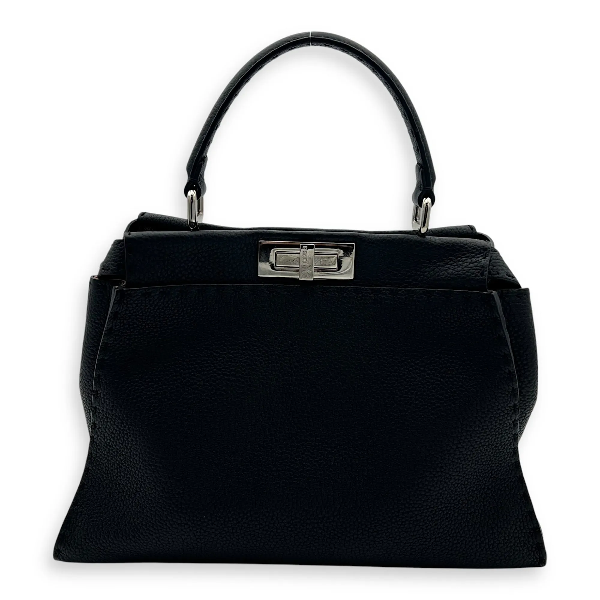 Peekaboo Medium Black Top Handle Bag in Calfskin, Silver hardware