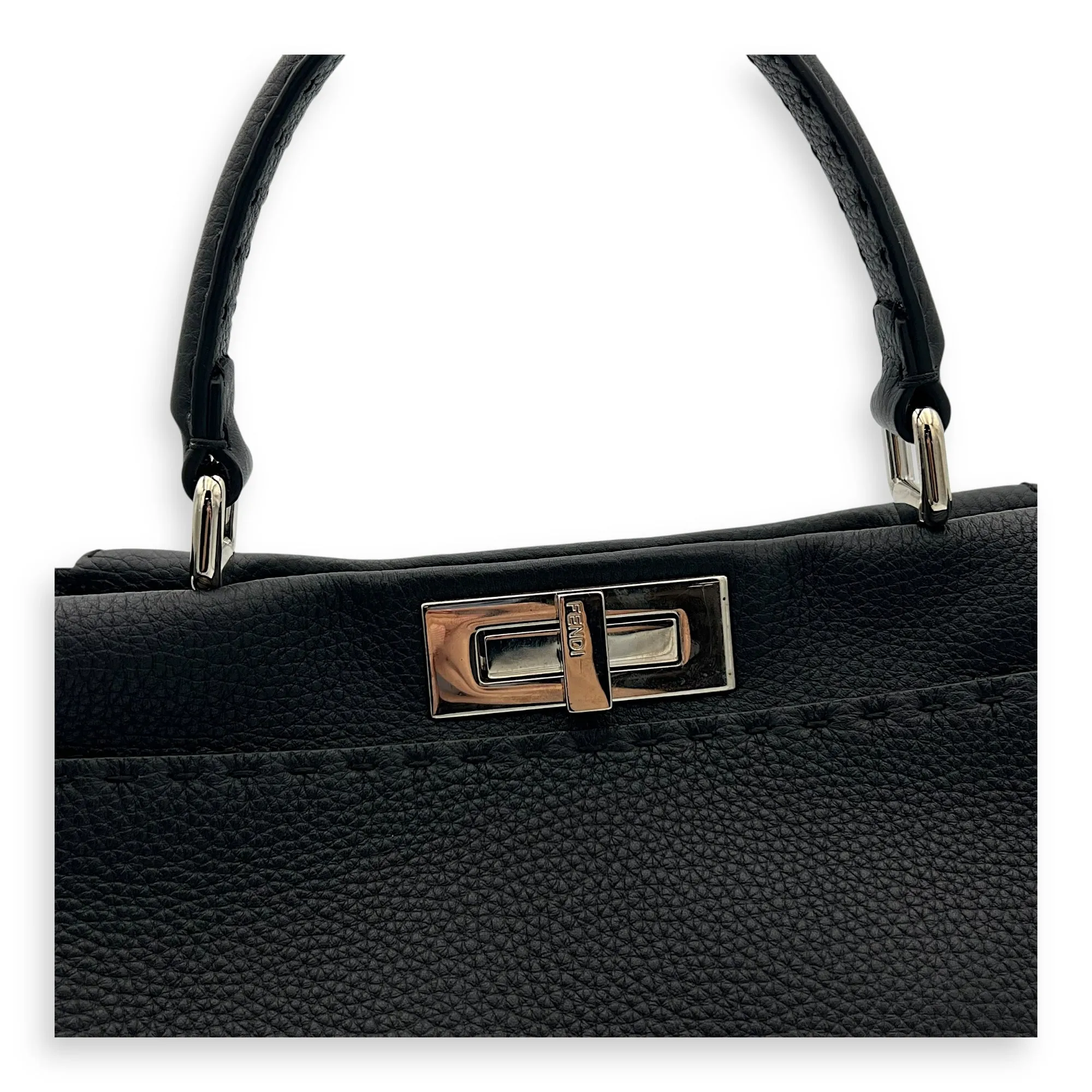 Peekaboo Medium Black Top Handle Bag in Calfskin, Silver hardware