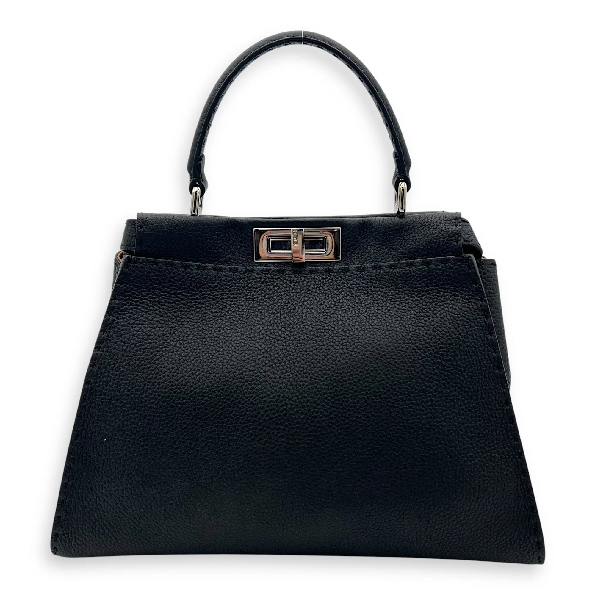 Peekaboo Medium Black Top Handle Bag in Calfskin, Silver hardware