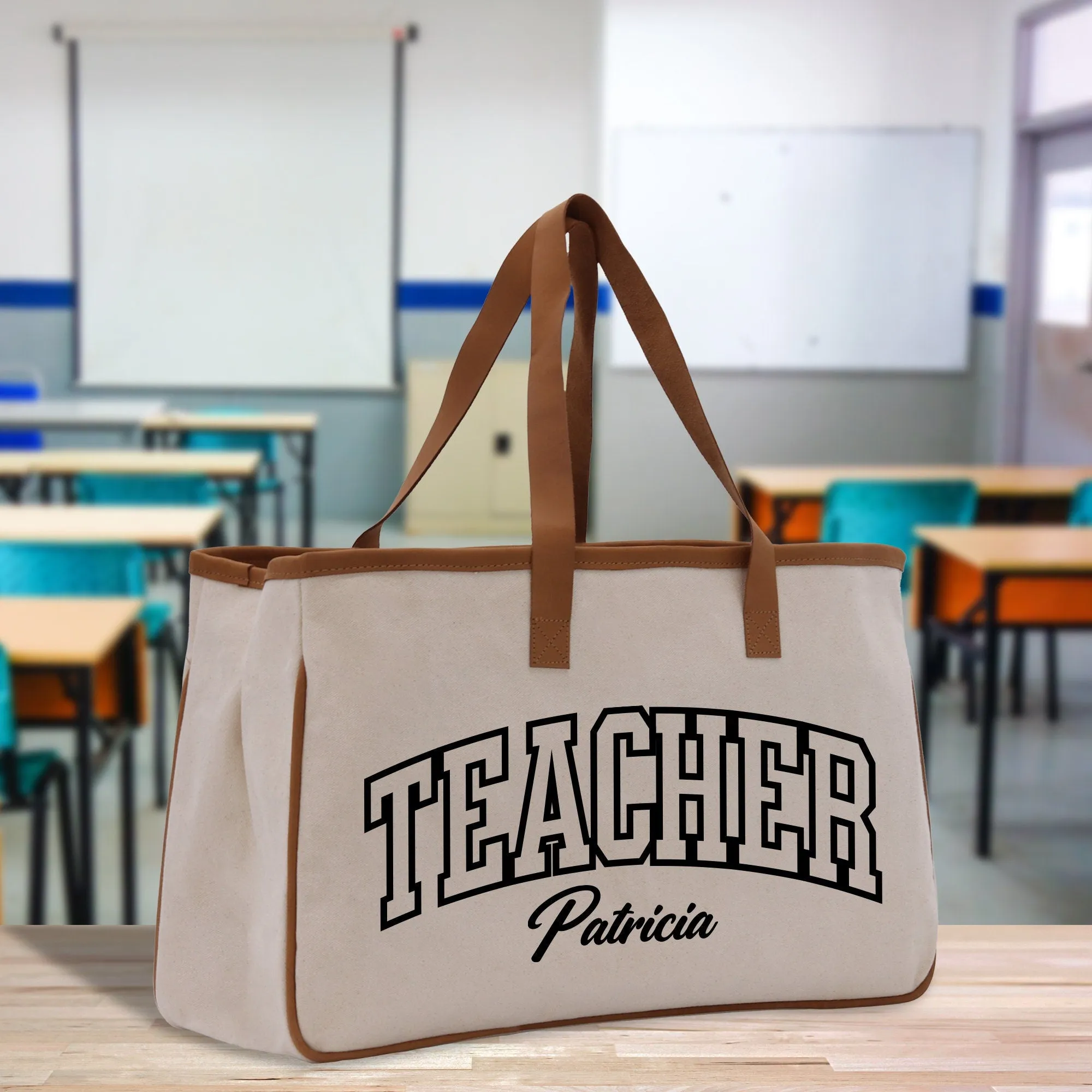 Personalized Teacher Name Retro Cotton Canvas Tote Bag Gift for Teachers Custom Teacher Appreciation Gift Bag Teacher Name Bag