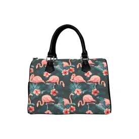 Pink Flamingo Top Handle Handbag, Tropical Green Art Print Purse Canvas and Leather Barrel Type Designer Accessory Bag Gift