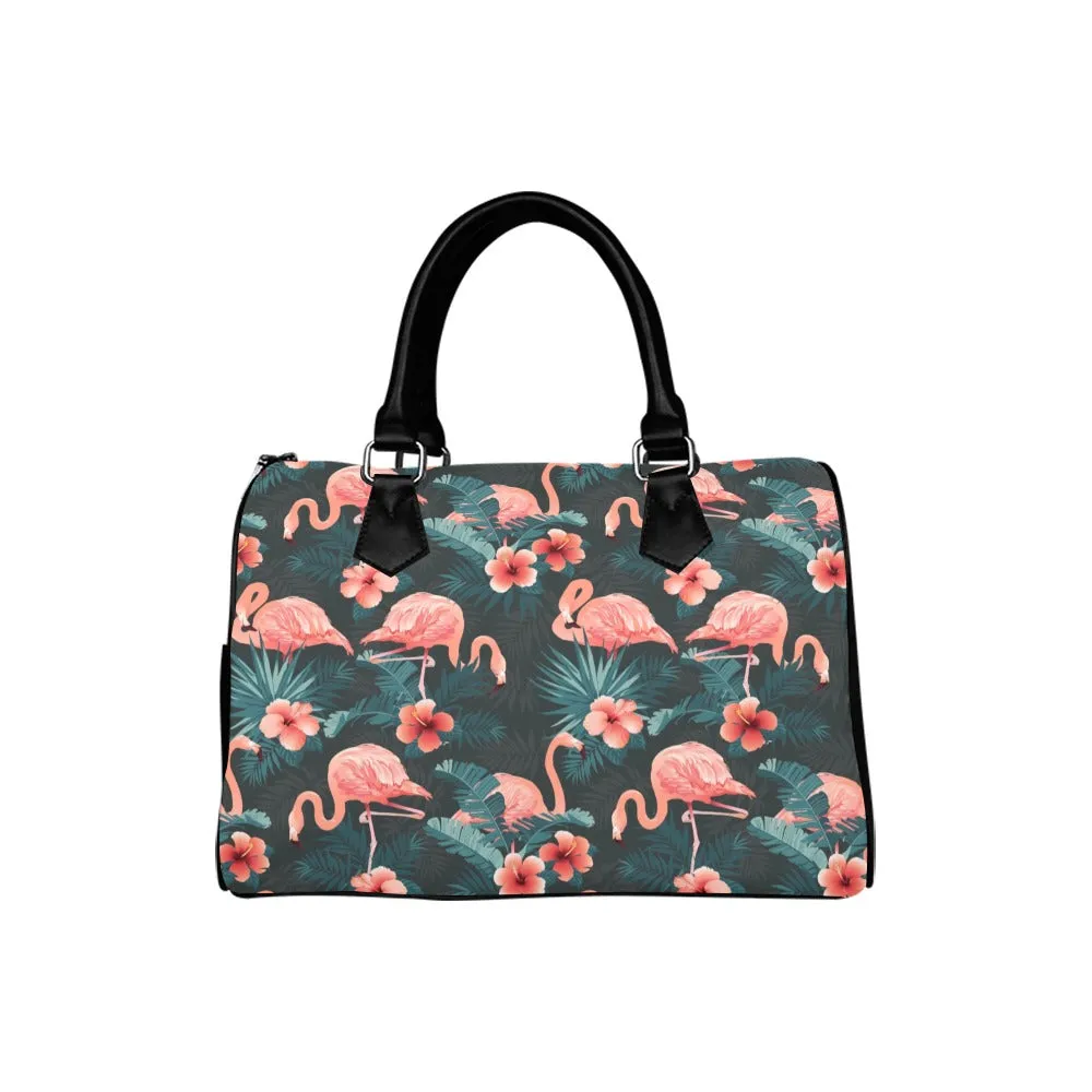 Pink Flamingo Top Handle Handbag, Tropical Green Art Print Purse Canvas and Leather Barrel Type Designer Accessory Bag Gift