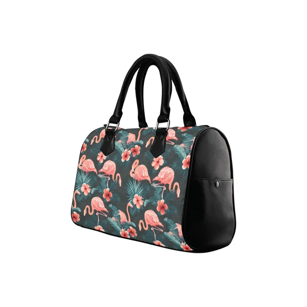 Pink Flamingo Top Handle Handbag, Tropical Green Art Print Purse Canvas and Leather Barrel Type Designer Accessory Bag Gift