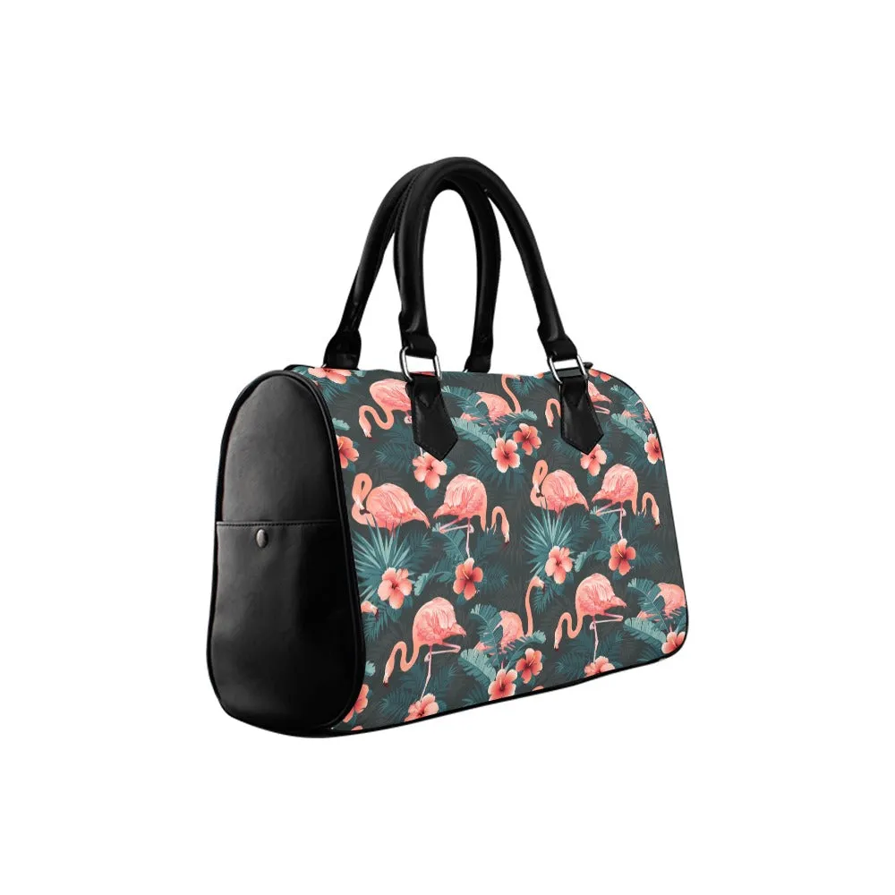 Pink Flamingo Top Handle Handbag, Tropical Green Art Print Purse Canvas and Leather Barrel Type Designer Accessory Bag Gift