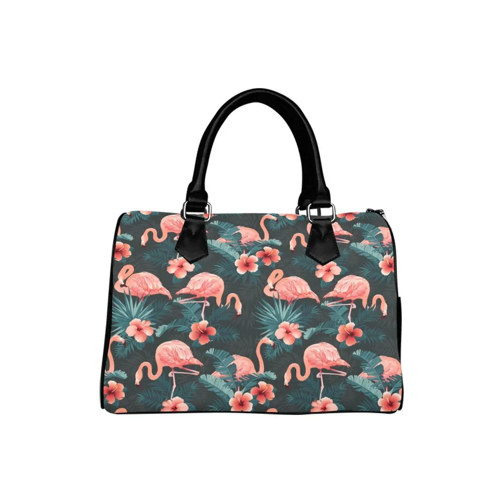 Pink Flamingo Top Handle Handbag, Tropical Green Art Print Purse Canvas and Leather Barrel Type Designer Accessory Bag Gift