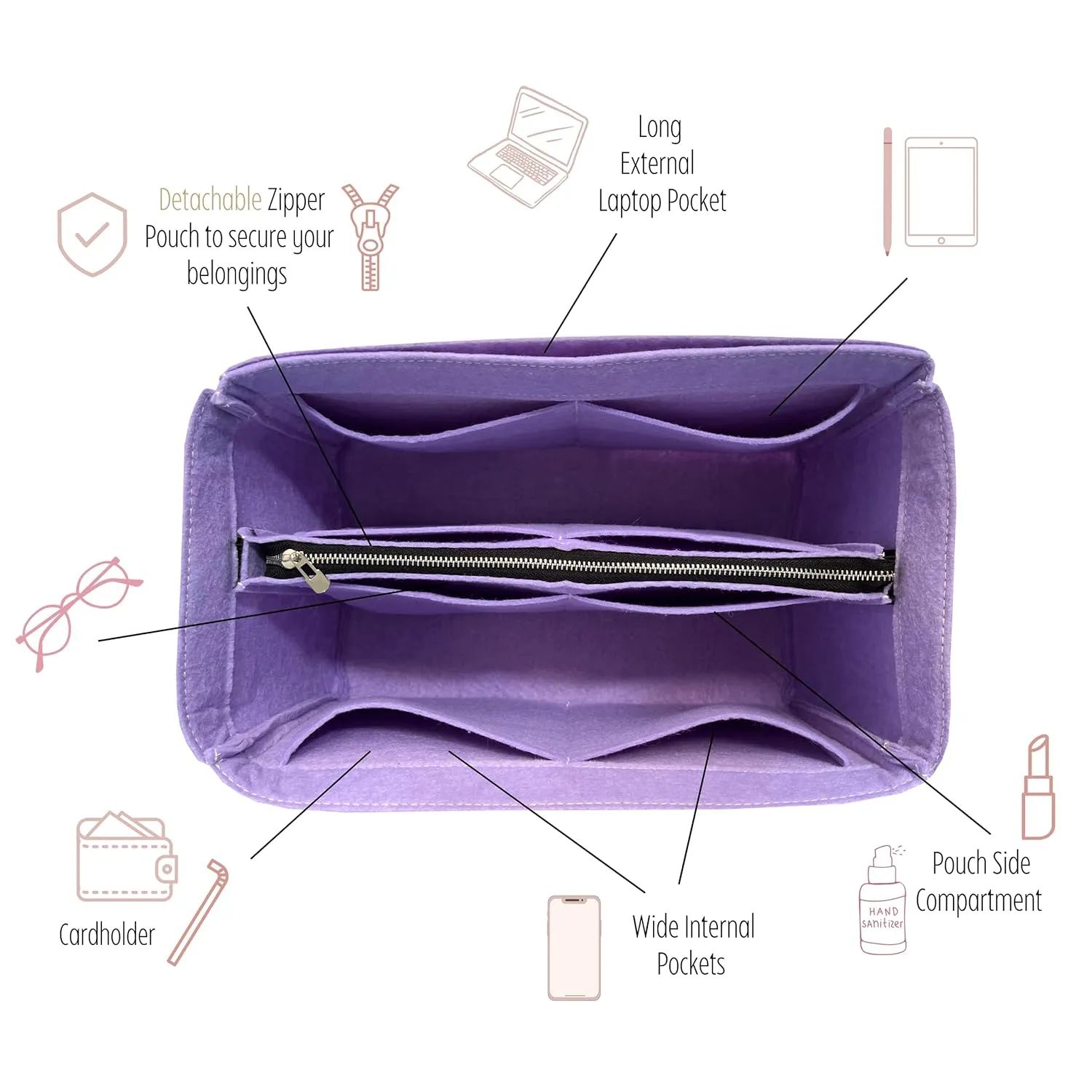 Premium Purse Organizer compatible with Telfar Bag Organizer Medium Cup Holder, Handmade 2mm Premium Felt Insert with Gold Zipper, Snug Sturdy Fit (For Telfa* Medium Shopping Bag, Bubblegum)