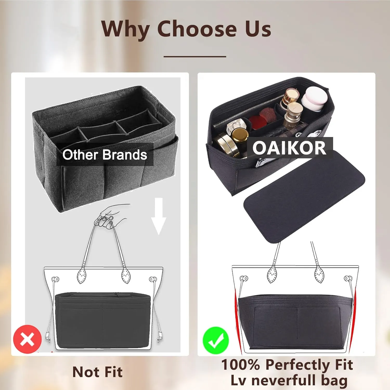 Purse Organizer Insert, Tote Bag Organizer Insert with Base Shaper,Felt Zipper Handbag Inner Shaper Compatible with neverfull MM, C.oach City 33, G.oyard S.aint Louis PM and More,Black/L