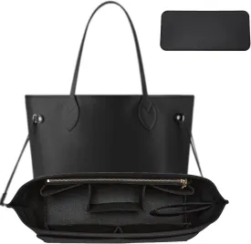 Purse Organizer Insert, Tote Bag Organizer Insert with Base Shaper,Felt Zipper Handbag Inner Shaper Compatible with neverfull MM, C.oach City 33, G.oyard S.aint Louis PM and More,Black/L