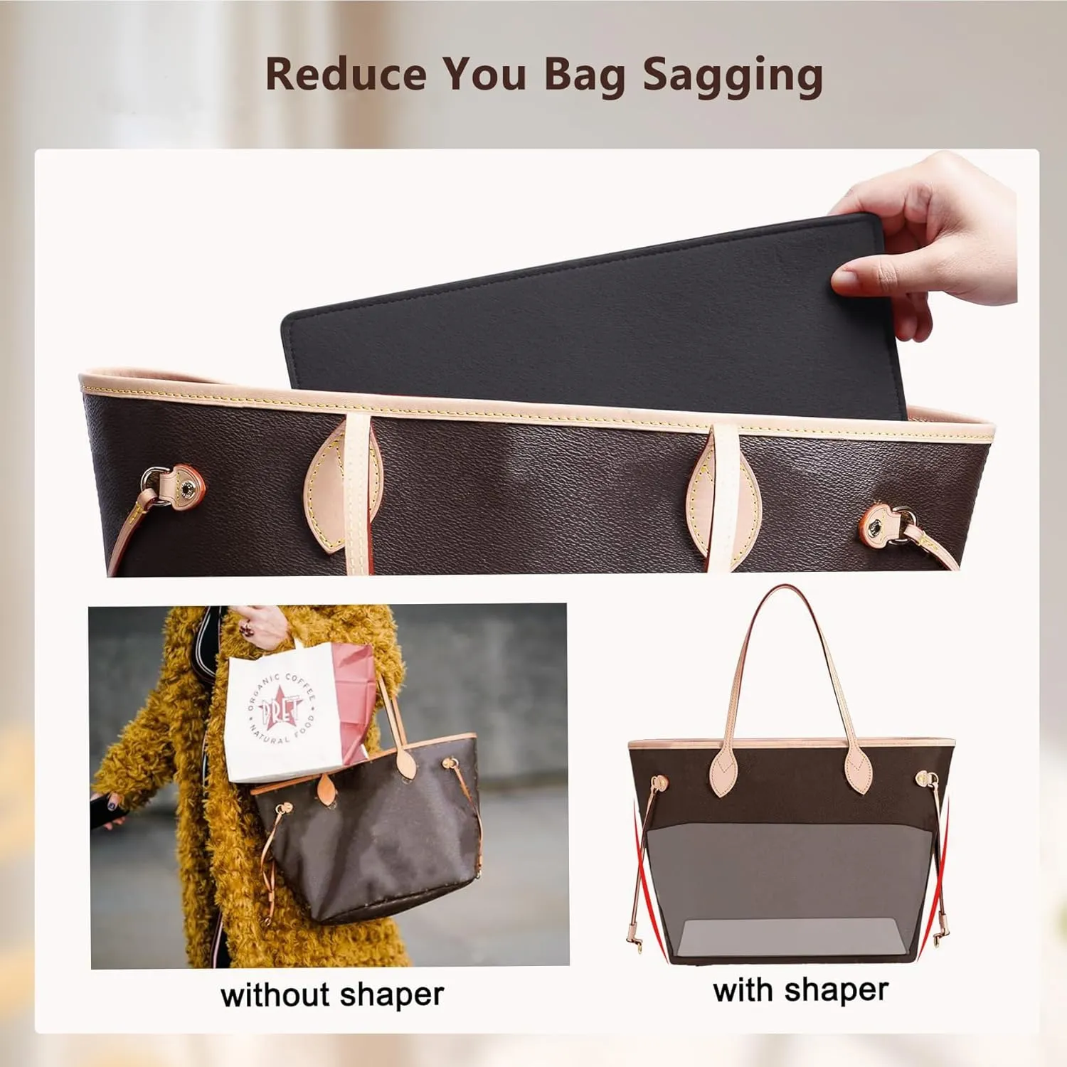 Purse Organizer Insert, Tote Bag Organizer Insert with Base Shaper,Felt Zipper Handbag Inner Shaper Compatible with neverfull MM, C.oach City 33, G.oyard S.aint Louis PM and More,Black/L