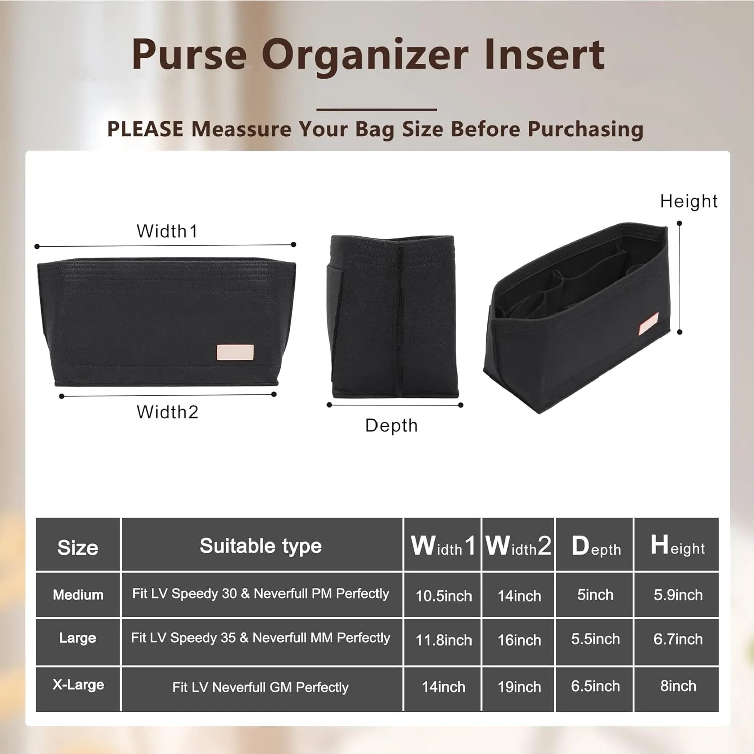 Purse Organizer Insert, Tote Bag Organizer Insert with Base Shaper,Felt Zipper Handbag Inner Shaper Compatible with neverfull MM, C.oach City 33, G.oyard S.aint Louis PM and More,Black/L
