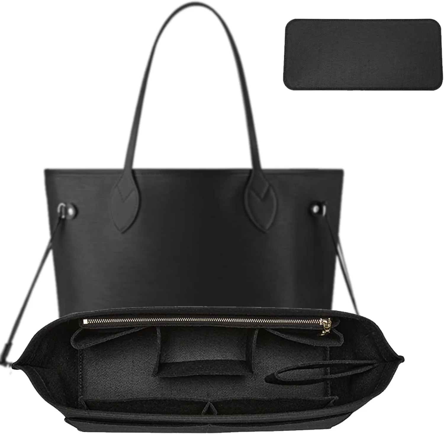 Purse Organizer Insert, Tote Bag Organizer Insert with Base Shaper,Felt Zipper Handbag Inner Shaper Compatible with neverfull MM, C.oach City 33, G.oyard S.aint Louis PM and More,Black/L