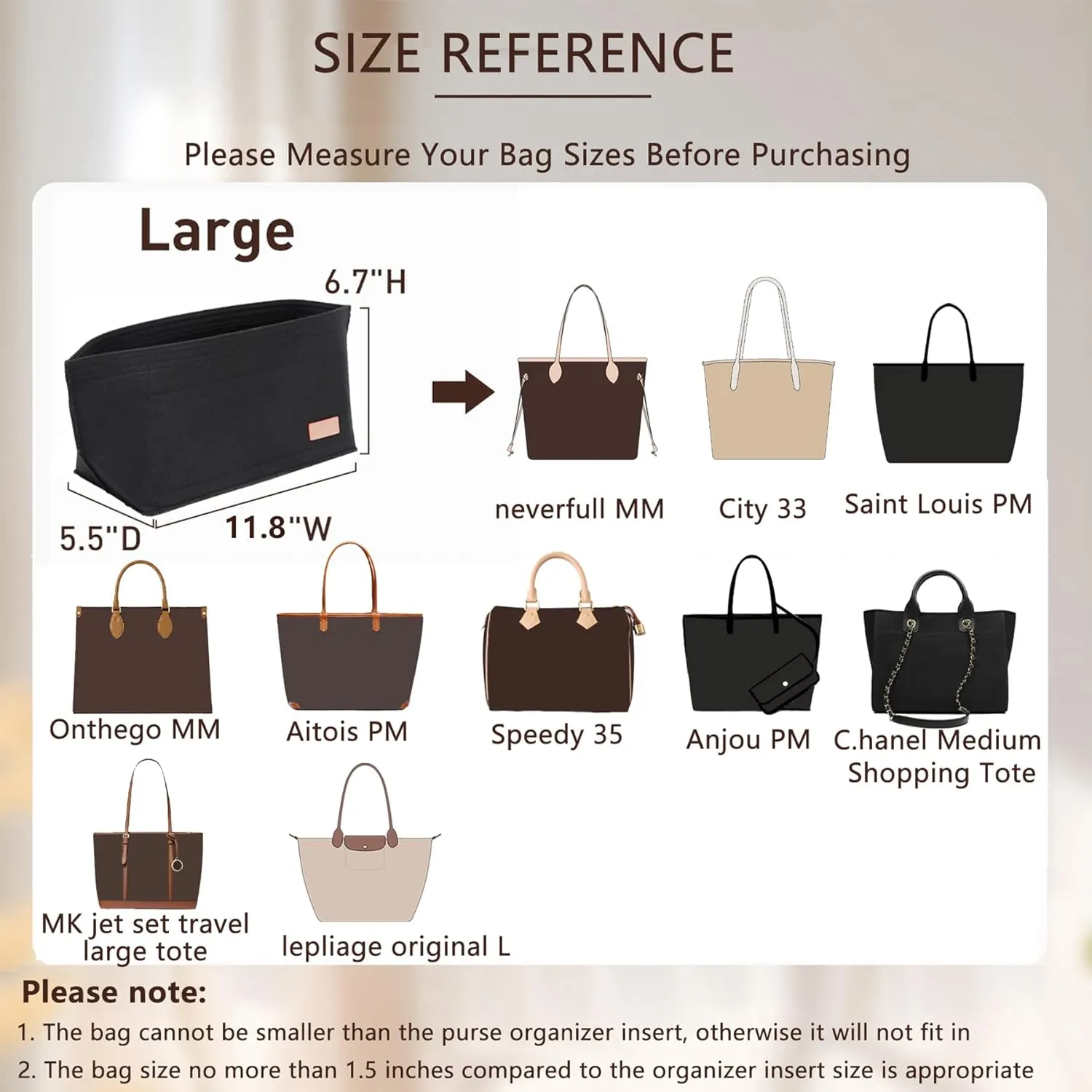 Purse Organizer Insert, Tote Bag Organizer Insert with Base Shaper,Felt Zipper Handbag Inner Shaper Compatible with neverfull MM, C.oach City 33, G.oyard S.aint Louis PM and More,Black/L