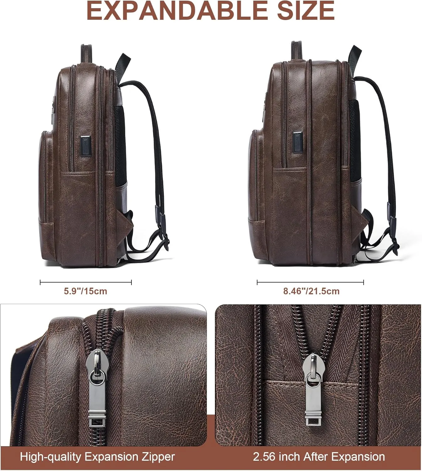 Shrrie Leather Laptop Backpack for Women and Men,28 L Travel Backpack Computer Bag Fits 16 inch Laptop,Expandable Casual Daypack with USB Charging Port for Work Business Weekender College,Coffee