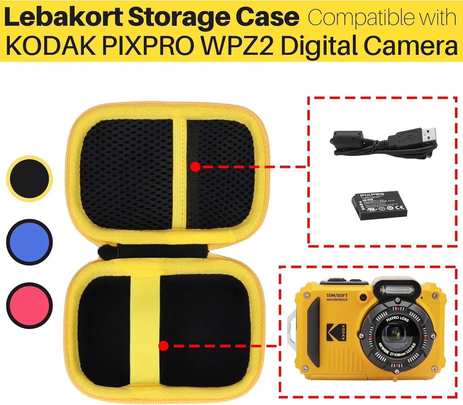Storage Case Compatible with KODAK PIXPRO WPZ2 Rugged Waterproof Shockproof Dustproof Digital Camera (Red   Black Case)