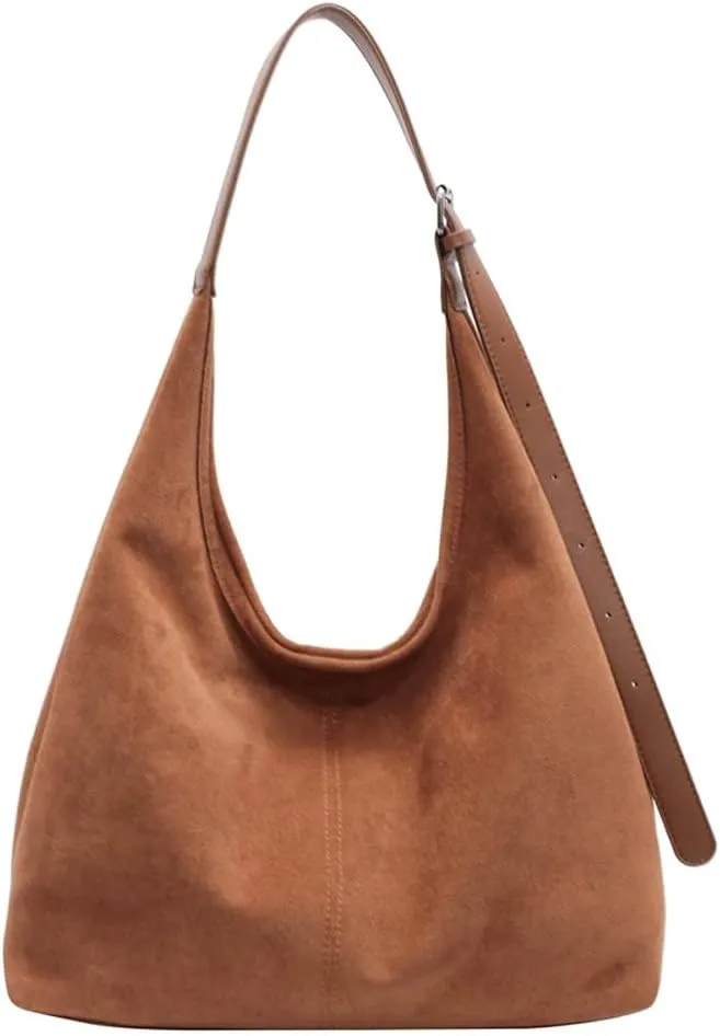 Suede Slouchy Hobo Bag for Women Chocolate Tote Handbag Large Retro Suede Shoulder Purse for Travel Shopping Work