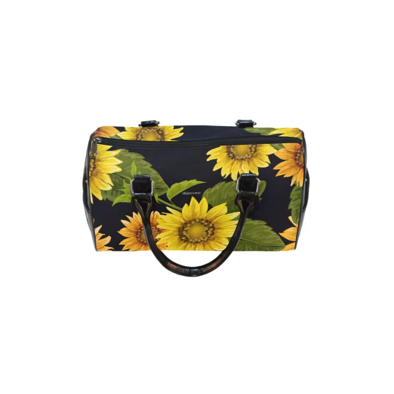 Sunflower Purse, Flower Art Print Handbag, Canvas and Leather Barrel Type Boho Designer Accessory Bag Gift