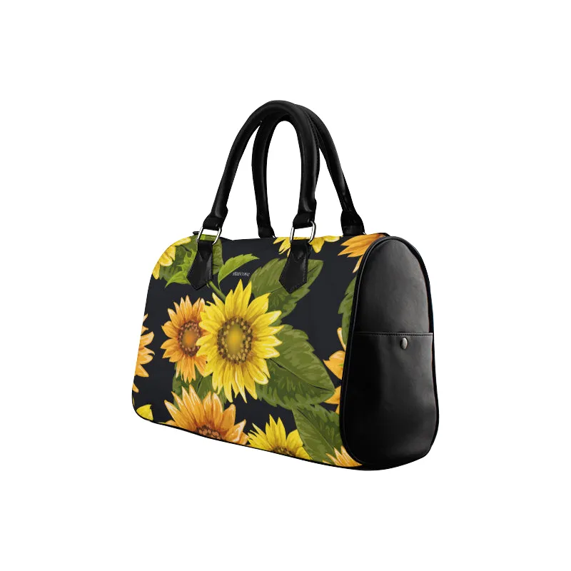 Sunflower Purse, Flower Art Print Handbag, Canvas and Leather Barrel Type Boho Designer Accessory Bag Gift