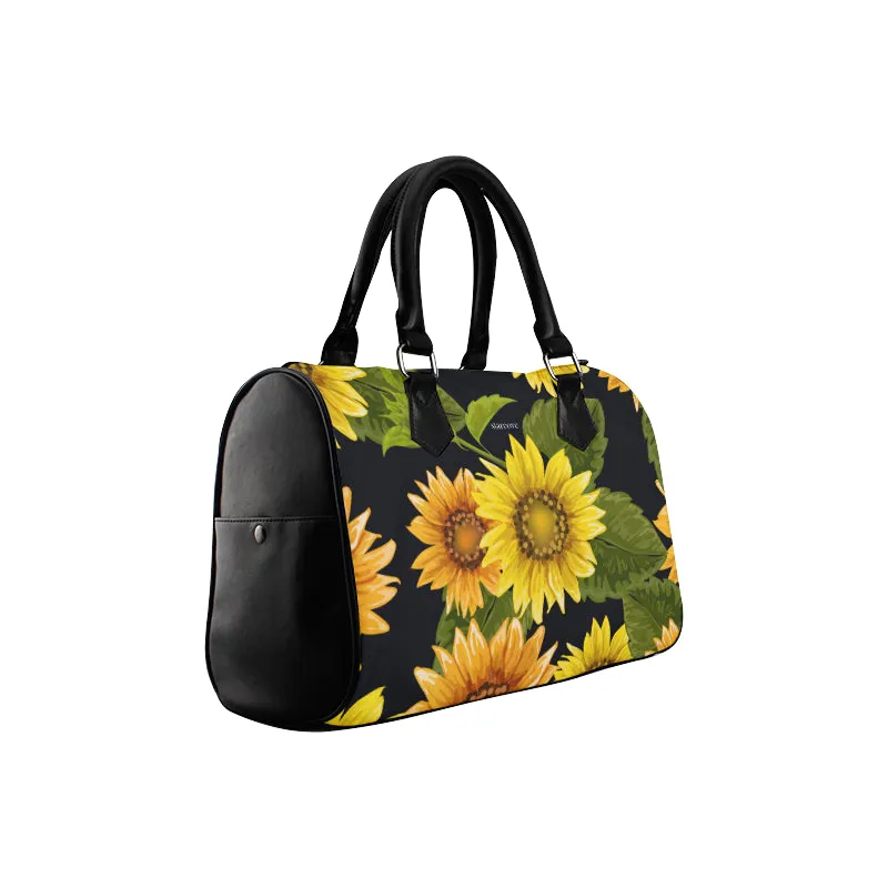 Sunflower Purse, Flower Art Print Handbag, Canvas and Leather Barrel Type Boho Designer Accessory Bag Gift