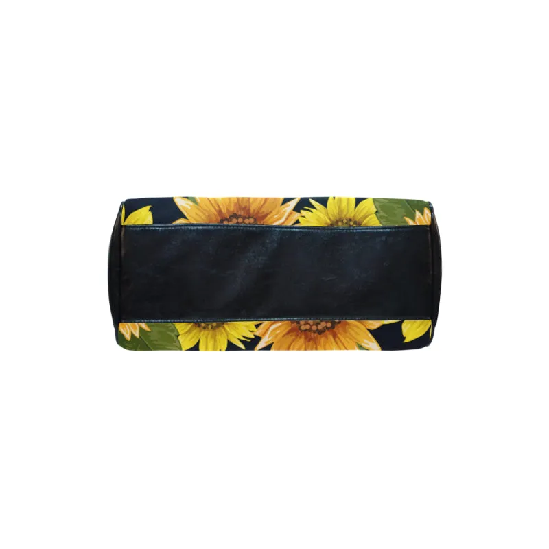 Sunflower Purse, Flower Art Print Handbag, Canvas and Leather Barrel Type Boho Designer Accessory Bag Gift
