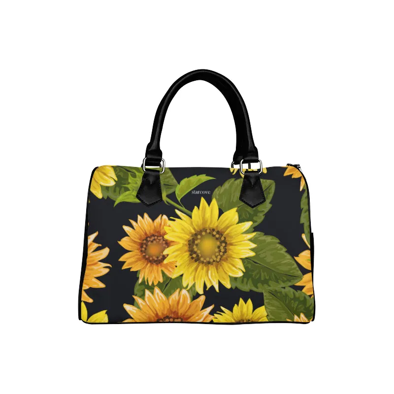 Sunflower Purse, Flower Art Print Handbag, Canvas and Leather Barrel Type Boho Designer Accessory Bag Gift