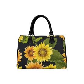 Sunflower Purse, Flower Art Print Handbag, Canvas and Leather Barrel Type Boho Designer Accessory Bag Gift
