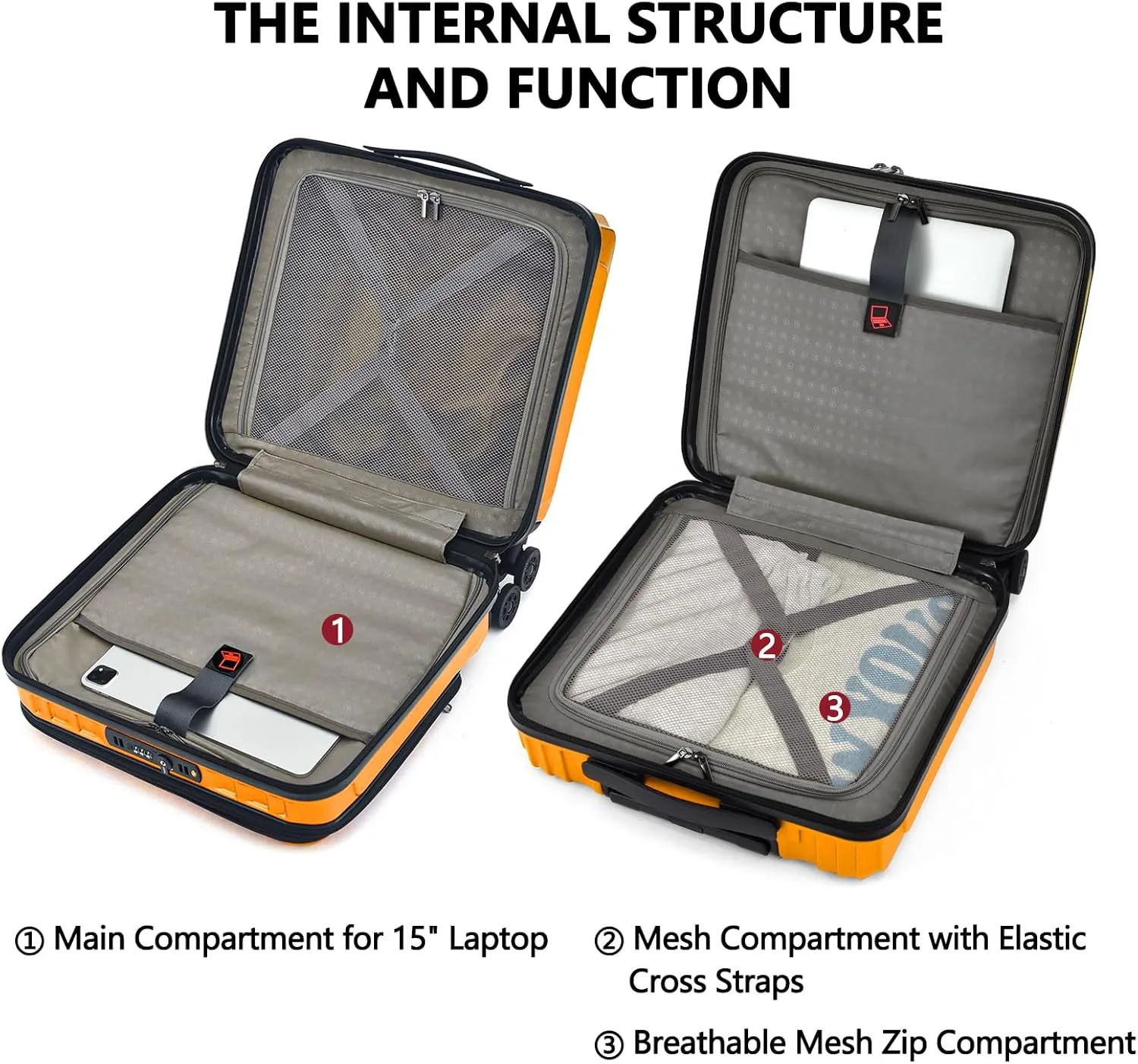 TydeCkare 16" Carry on Luggage with 2 Laptop Compartments, Lightweight Hardshell ABS PC Suitcase with Dual Control TSA Lock, with YKK Zipper, 4 Spinner Silent Wheels, for Business Travel, Orange