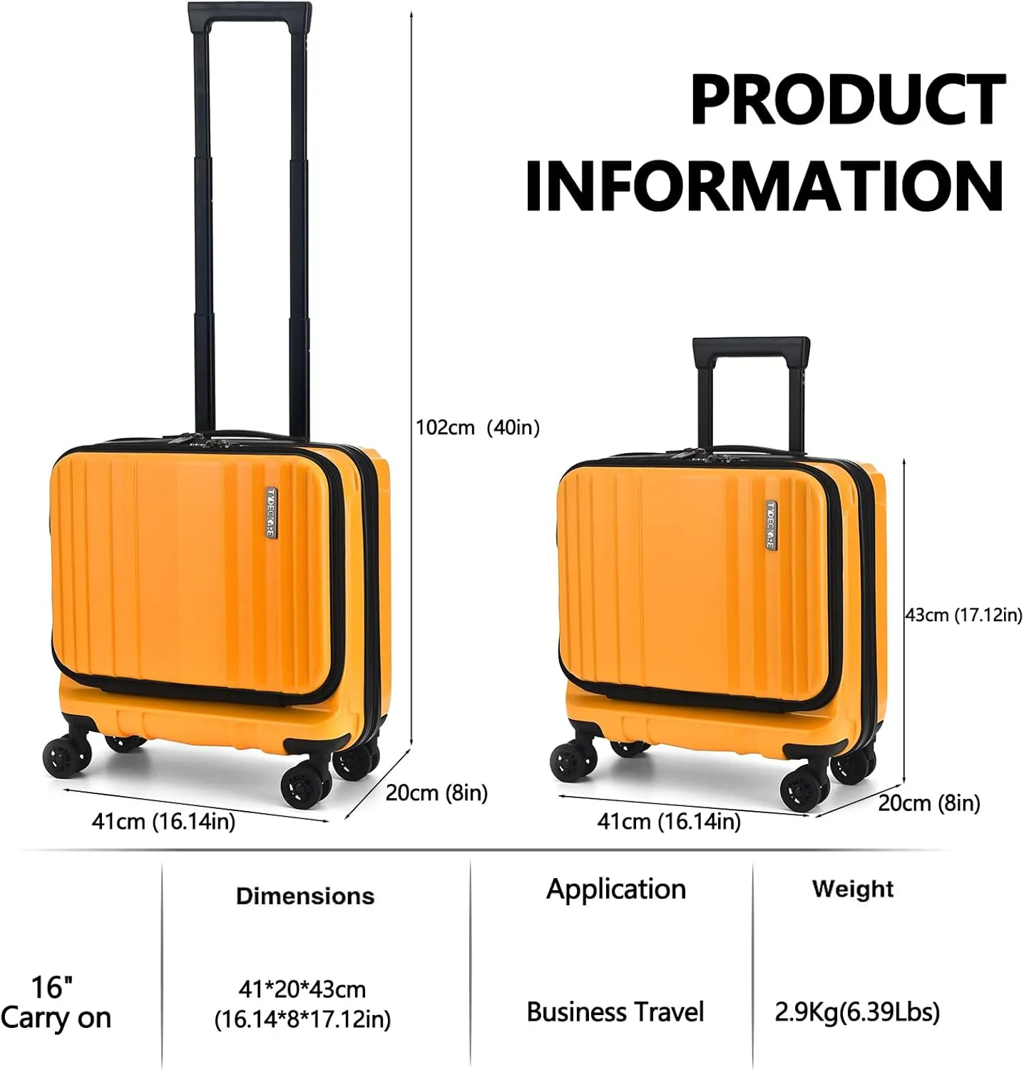 TydeCkare 16" Carry on Luggage with 2 Laptop Compartments, Lightweight Hardshell ABS PC Suitcase with Dual Control TSA Lock, with YKK Zipper, 4 Spinner Silent Wheels, for Business Travel, Orange