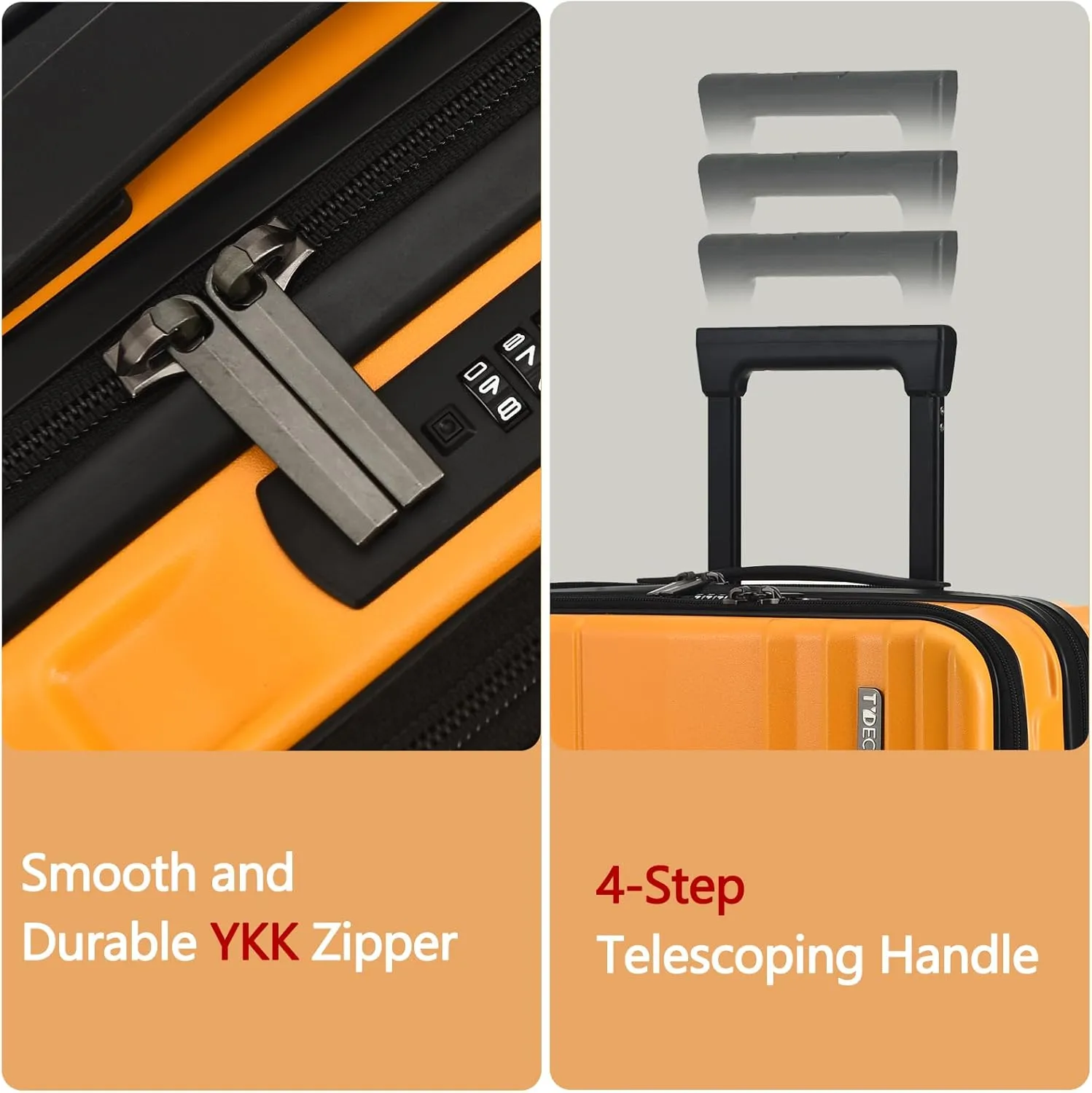 TydeCkare 16" Carry on Luggage with 2 Laptop Compartments, Lightweight Hardshell ABS PC Suitcase with Dual Control TSA Lock, with YKK Zipper, 4 Spinner Silent Wheels, for Business Travel, Orange