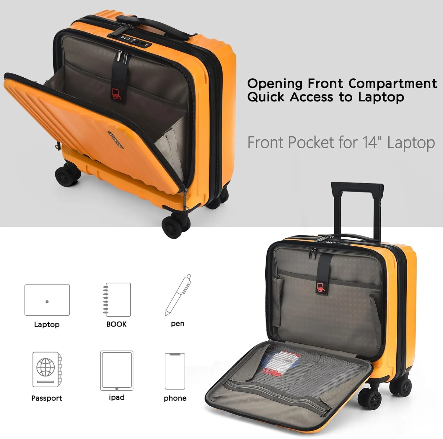 TydeCkare 16" Carry on Luggage with 2 Laptop Compartments, Lightweight Hardshell ABS PC Suitcase with Dual Control TSA Lock, with YKK Zipper, 4 Spinner Silent Wheels, for Business Travel, Orange