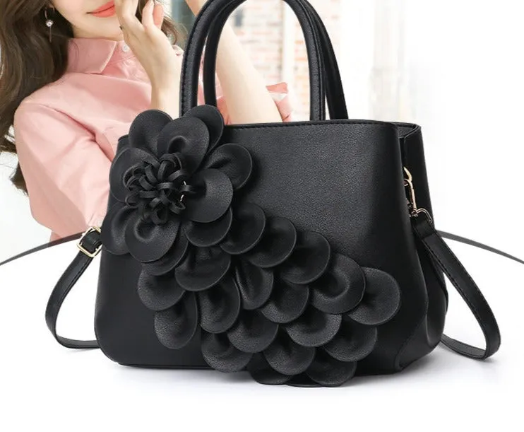 Women's bag new college style women's bag PU leather flower handheld shoulder bag cute bag